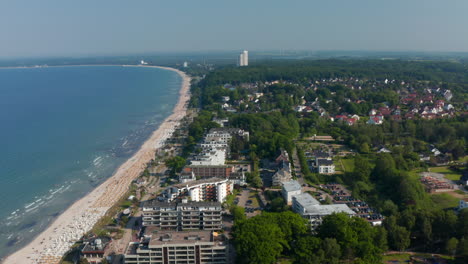 Incredible-aerial-drone-view-of-Baltic-sea-coastline-in-Scharbeutz,-Germany,-dolly-in,-day